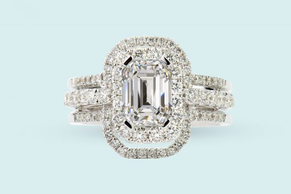 18kt White Gold Double Halo And Three Row Engagement Ring